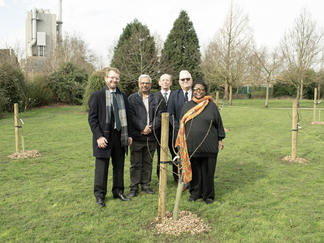 (left to right) Cllr John Slinger and Cllr Ish Mistry, ward councillors for New Bilton, Edward Palusinski, treasurer of New Bilton Community Association, Cllr Derek Poole, leader of Rugby Borough Council, and Sheela Hammond, chair of New Bilton Community Association, attended the planting of the community orchard at New Bilton's Jubilee Recreation Ground.