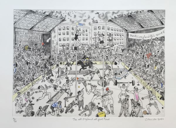 Chris Orr's All England All Sport Final features in his Domestic Fantastic exhibition at Rugby Art Gallery and Museum. (Credit The all England, all Sport Final, ©️Chris Orr)