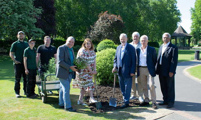 (left to right) Council gardener Benjamin Slater, green spaces chargehand Leah Anderson-Howe, John Howes, the council's green space and biodiversity manager, Cllr Neil Sandison, Cllr Maggie O'Rourke, Willy Goldschmidt, president of the Friends of the Hospital of St Cross, charity volunteer Garth Murphy, Doug Jones, chair of the Friends, and Cllr Ish Mistry, deputy leader of Rugby Borough Council.
