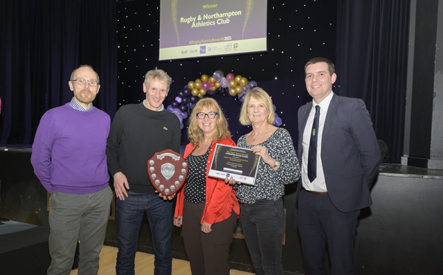 Rugby and Northampton Athletic Club's (left to right) Tim Hill, Lee Woodward, Janet Wright and Kay Shaw were presented with the Club of the Year Award by Cllr Adam Daly, Rugby Borough Council portfolio holder for leisure and wellbeing.
