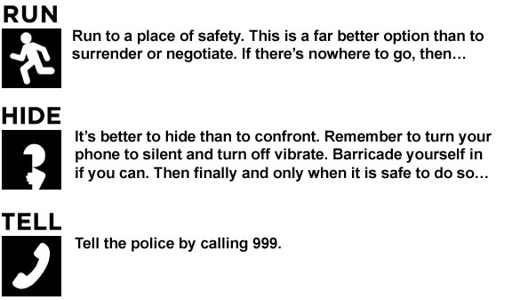 Run to a place of safety. Hide. Remember to turn your phone to silent. When it is safe, call for help.